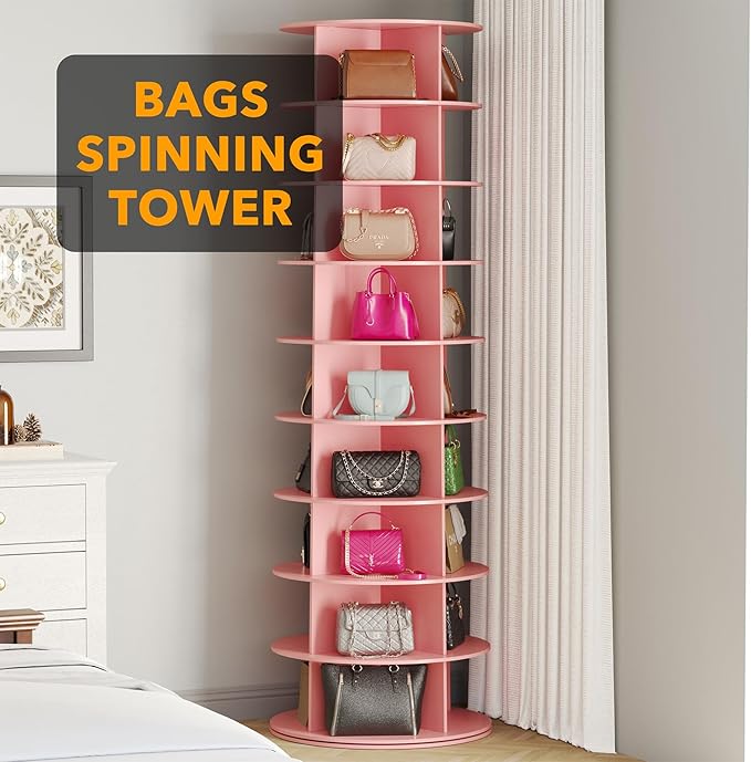 SpaceAid 9 Tier Rotating Shoe Rack Tower, Spinning Shoe Display Lazy Susan, Revolving 360 Shoe Rack Storage Round Carousel, Vertical Handbag Rotate Shoes Closet Organization (9-Tier Pink) - Image 5