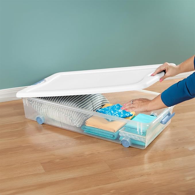 Sterilite 4-Pack 56 Quart Wheeled Latching Box, Underbed Clear Plastic Storage Organizer - Under Bed Rolling Container Bin with Lid and Wheels for Home or Dorm Bedrooms and Closets - Image 6