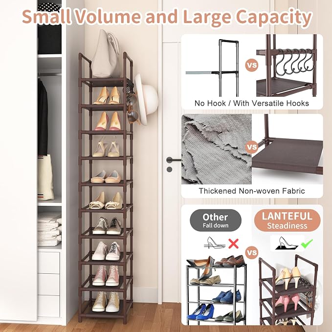 LANTEFUL Tall Shoe Rack 10-Tier Narrow Shoe Shelf Storage for 10-15 Pairs Shoe and Boot, Sturdy Shoe Storage Space Saving Corner Shoe Rack Organizer for Closet, Entryway, Living Room, Brown - Image 6