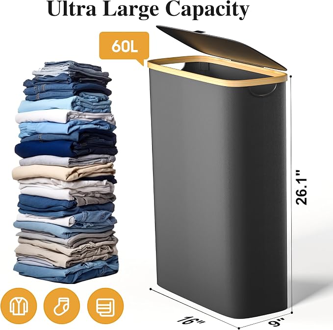 Foluck Slim Laundry Hamper, 60L Waterproof Narrow Laundry Basket with Lid and Removable Bag, Collapsible Tall Clothes Hamper with Bamboo Handles for Clothes Toys in Dorm Bedroom Bathroom, Black - Image 2