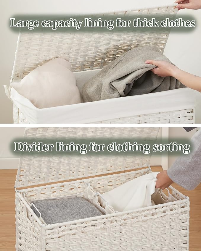 SETVSON Laundry Hamper with Lid Wicker Laundry Basket 112 L (29.6 Gal) Laundry Hampers Handwoven Rattan Clothes Hamper with Handles 3 Removable Liner Bag, 6 Mesh Bags for Bathroom Bedroom White - Image 3
