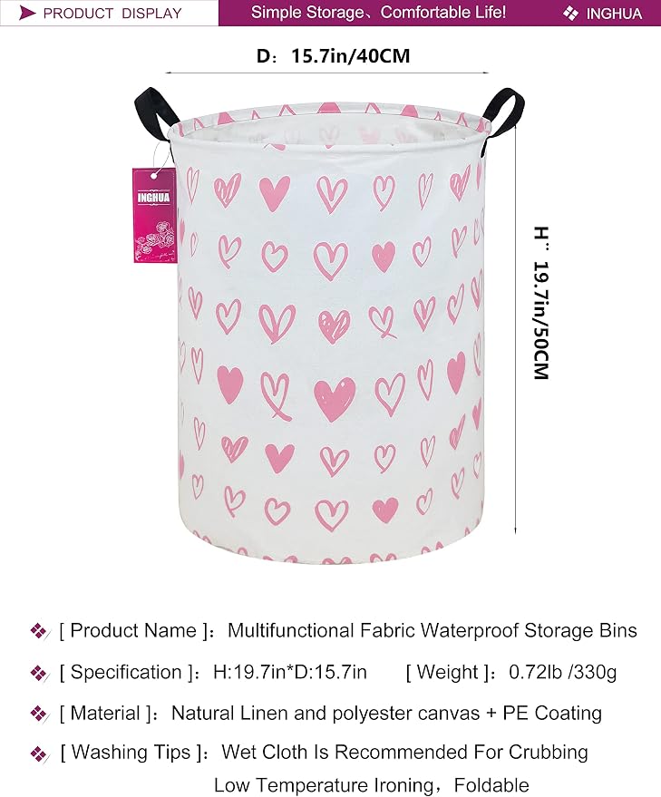 Laundry Hamper Large Canvas Fabric Lightweight Storage Basket/Toy Organizer/Dirty Clothes Collapsible Waterproof for College Dorms, Boys and Girls Bedroom,Bathroom(Pink hearts) - Image 2