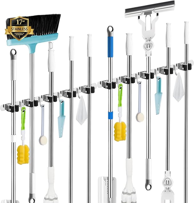 2 Pack Mop and Broom Holder Wall Mount, 5 Racks and 4 Hooks Broom Organizer Storage Tool Racks Stainless Steel Heavy Duty Hooks Self Adhesive Solid Non-slip for Home Kitchen Garden Laundry Garage by AceMining