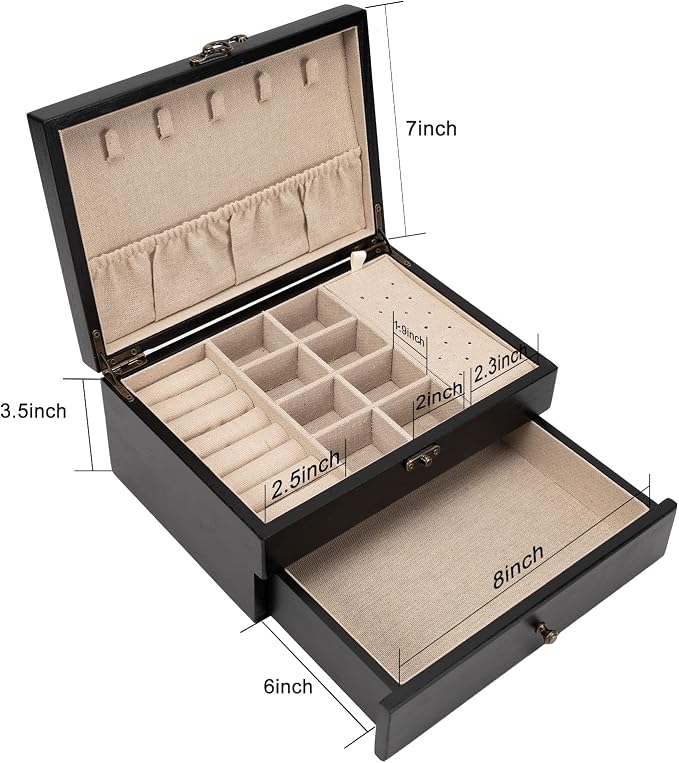 Pinzoveco Jewelry Box for Women, Rustic Wooden Jewelry Organizer Box for Storage Earrings Rings Necklace Bracelet, Farmhouse Style Wood Jewelry Boxes & Organizers (Black) - Image 6