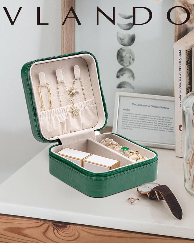 VLANDO Small Travel Jewelry Box Organizer - Girls Women Gift Rings Earrings Necklaces Jewelry Storage Display Case Dark Green - Image 8