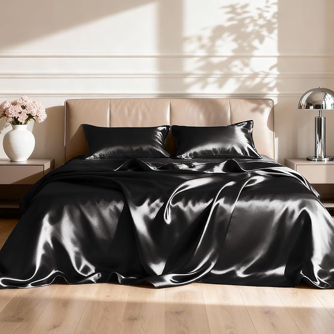 Love's cabin Satin Queen Sheets Set - 4 Piece Black Silky Bed Sheets Set with Deep Pocket, Luxury Silk Feel Satin Queen Size Sheet Set (1 Flat Sheet,1 Fitted Sheet,2 Pillow Cases)