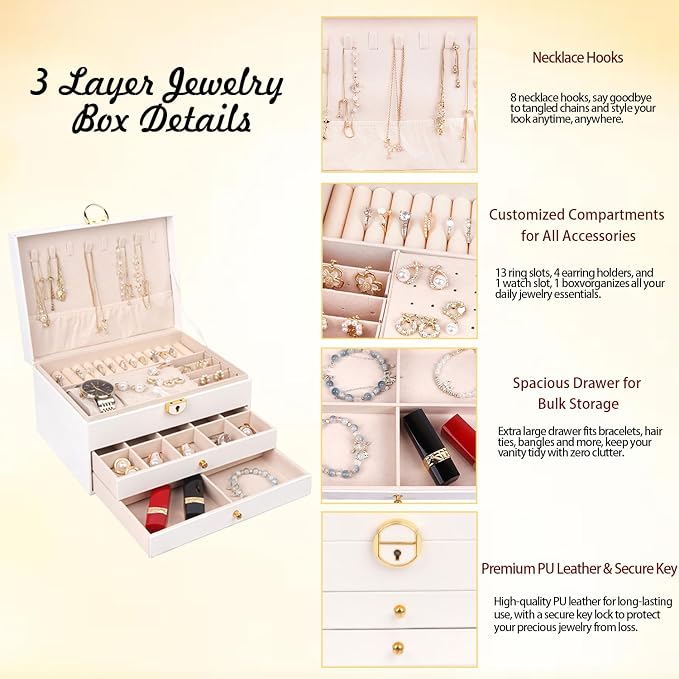 3 Layer Jewelry Box Organizer with Drawers, Lockable PU Leather Jewelry Storage Case for Mothrer's Day gifts Necklace Earring Ring Bracelet Watch, White - Image 3