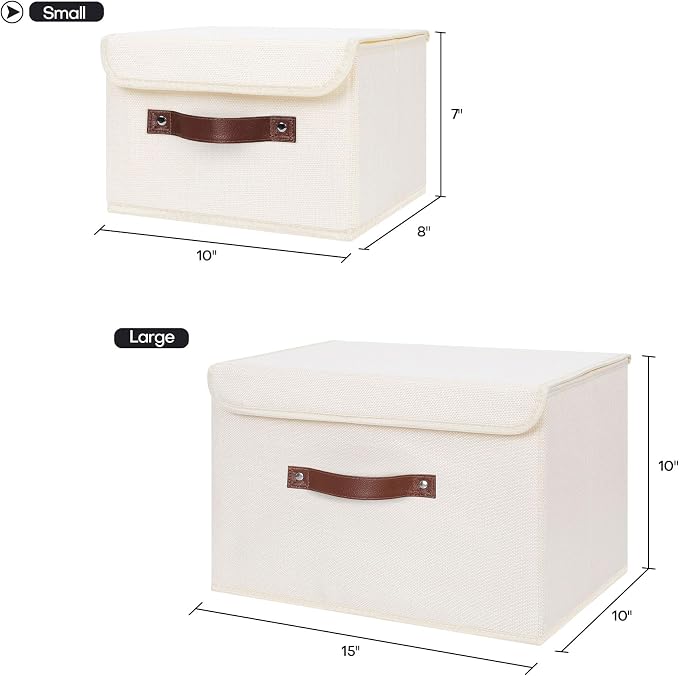 ANMINY 2PCS Storage Bins with Lid PU Leather Handles Storage Boxes PP Plastic Board Decorative Foldable Lidded Cotton Linen Fabric Home Cubes Baskets Closet Organizer Containers - Beige, Small Size - Image 5
