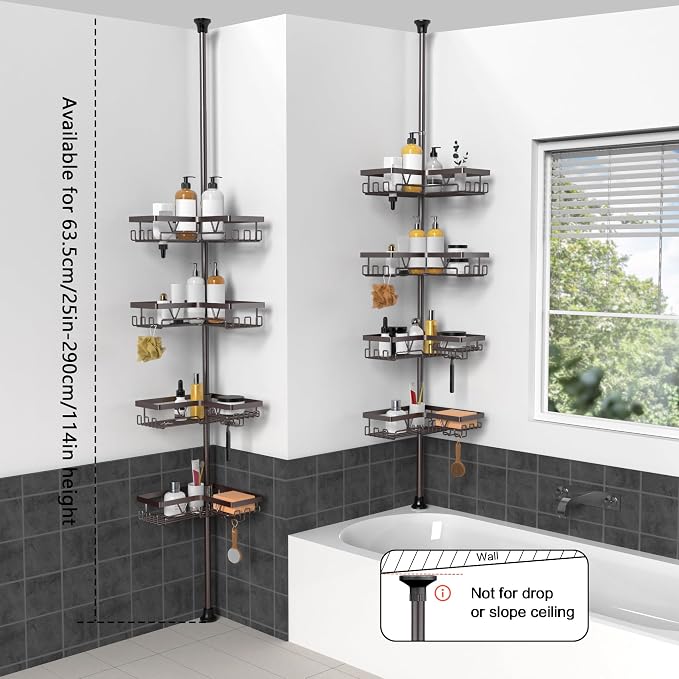 KEGII 4-Tier Corner Shower Caddy Tension Pole - Waterproof Shower Rod Organizer, Floor to Ceiling Tension Rod 25-114.2 inch, Stainless Steel Corner Shower Shelf, Bronze - Image 6