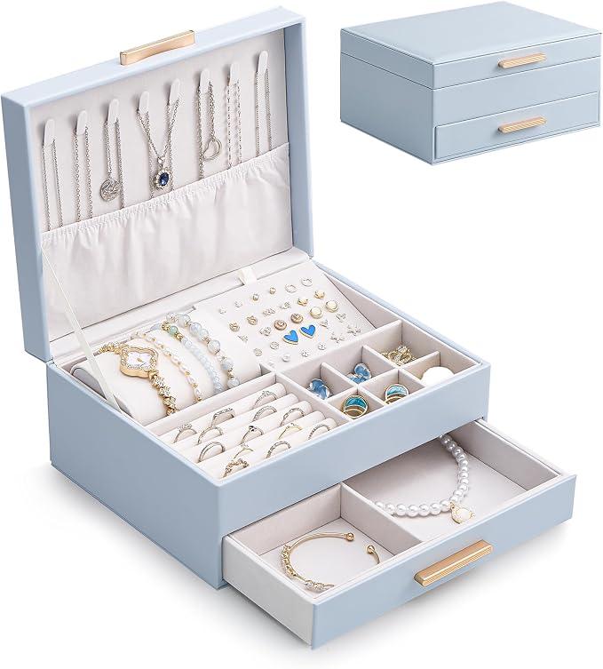Lolalet 2-Layer Jewelry Box Organizer for Women Girls, Jewelry Storage Case Holder with Drawers for Necklaces Ring Earrings Bracelet Watch, Gifts Choice for Mom Mother’s Day -Blue by Lolalet