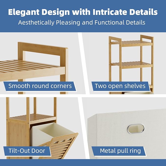 HITNET Tilt Out Laundry Hamper, Bamboo Laundry Basket with Foldable Bag and 3 Open Shelves, Freestanding Clothes Storage Organizer for Bedroom, Bathroom, Living Room, Natural - Image 6