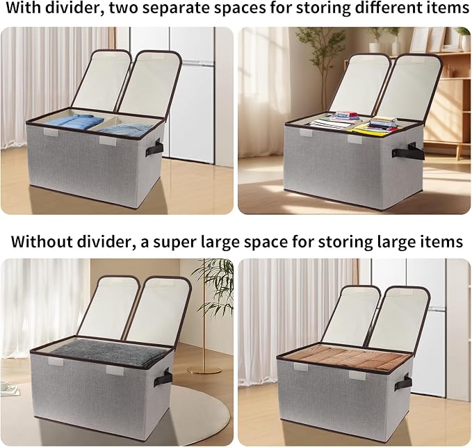Foldable Fabric Storage Box, 16.5 x 11.8 x 9.8 inches (L x W x H), with Double-Lid & Dividers, Large Organizer for Home, Closet, Office(Grey, 3 Packs) - Image 5