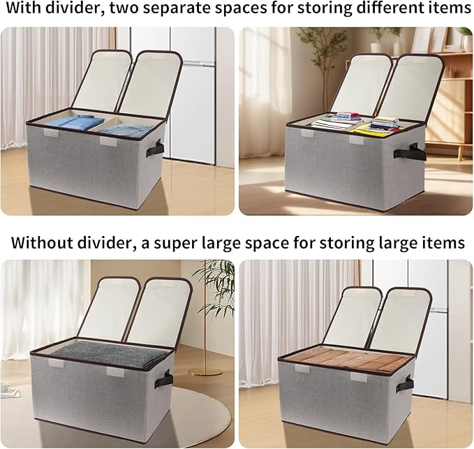Foldable Fabric Storage Box with Double-Lid & Dividers, Large Organizer for Home, Closet, Office (Grey, 2 Packs) - Image 5