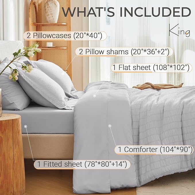 MUXHOMO 7 Pieces King Comforter Set, Seersucker Bed in a Bag King Size, All Season Luxury Bedding Set with Comforter, Flat Sheet, Fitted Sheet, Pillowcases & Shams, Light Grey
