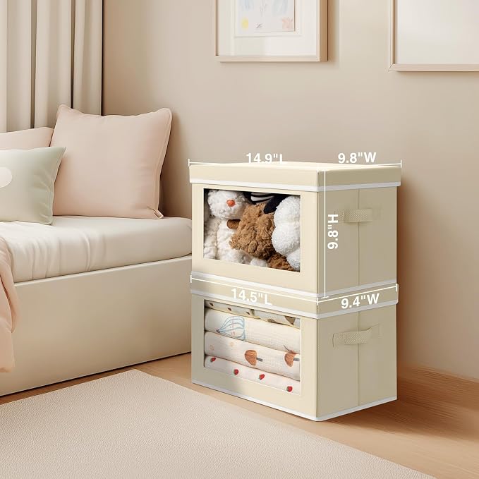 Homsorout Storage Boxes with Lids - 3 Pack Fabric Clear Window Storage Bins, Collapsible Storage Bins with Lids, Linen Closet Organizer for Clothes, Towel, Blanket, Beige - Image 2