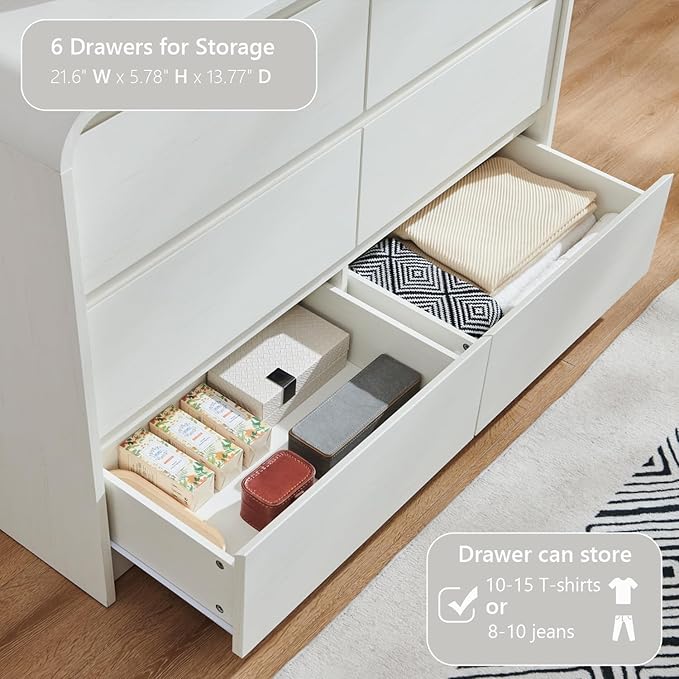 Aitjunz Modern 6 Drawers Dresser for Bedroom, 47" Wide Wood Dressers & Chests of Drawers with Curved Profile Design, Mid Century Modern Dresser for Closet for Bedroom, Living Room, Antique White