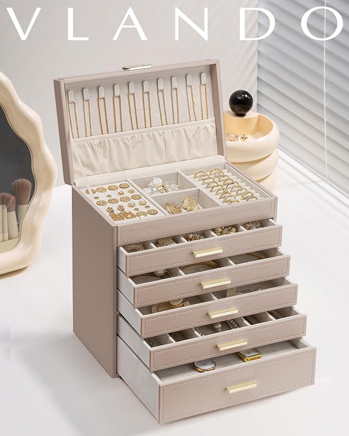 VLANDO 6 Layer Large Jewelry Box - Jewelry Holder Organizer, Jewelry Box Organizer for Drawer Necklace Ring Bracelet and Watch, Birthday Gift for Loved Ones - Toffee - Image 7
