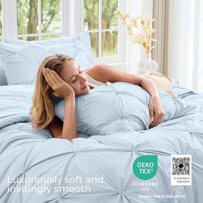 Sasttie King Size Comforter Set, 7-Piece Bed in a Bag, Pintuck Bedding Sets for All Season, Includes Comforter, Flat Sheet, Fitted Sheet, Pillowcases and Pillowshams, Light Blue