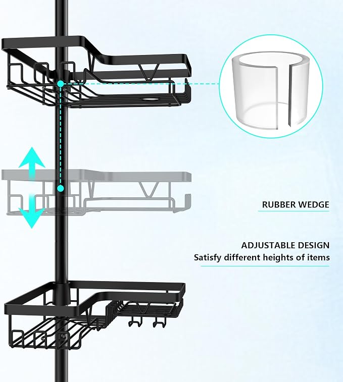 DAOYA Shower Caddy Tension Pole Corner with 4 Removable Baskets & 2 Towel Bar - Expandable Shower Caddy Corner Adjustable 25-114.2 Inches Upgraded Bath Organizer for Tub(Stainless Steel, Black) - Image 3
