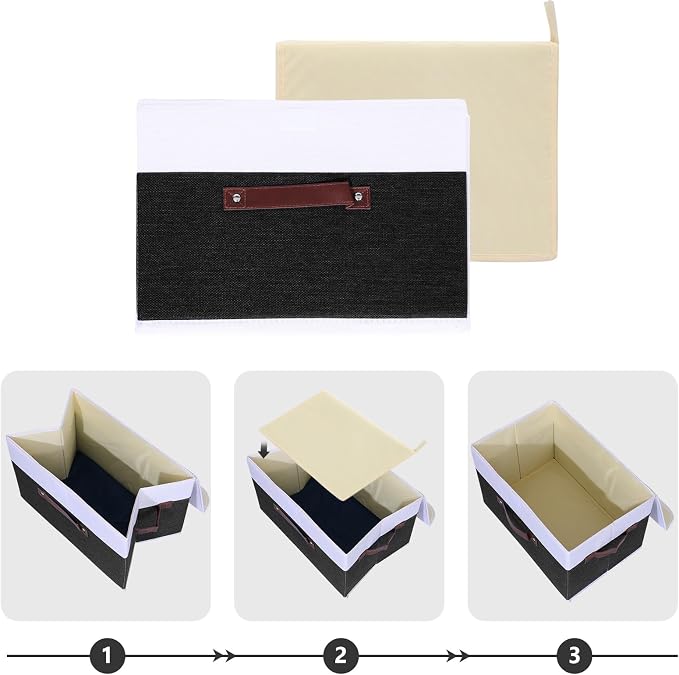 ANMINY Storage Boxes with Lids Washable Decorative Storage Bins Basket with PU Leather Handle Foldable Linen Fabric Storage Cubes Containers for Home Closet Organizer - Black White, Large Size - Image 4
