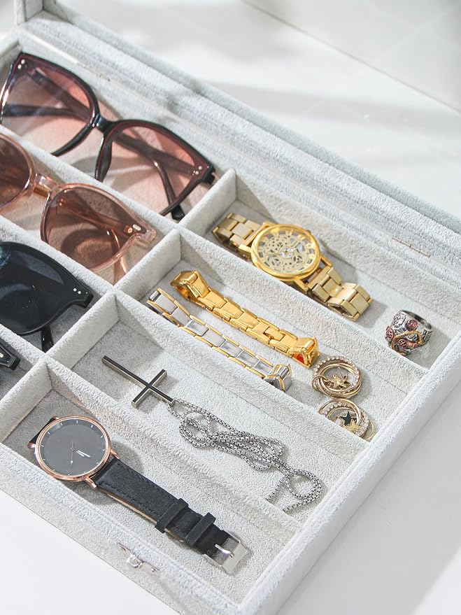 Coward Sunglass Organizer Tray Box, Grey Beige Velvet Eyeglasses Display Tray Case with Transparent Glass Lid for Home Use or Store Shop Selling Show - Image 3