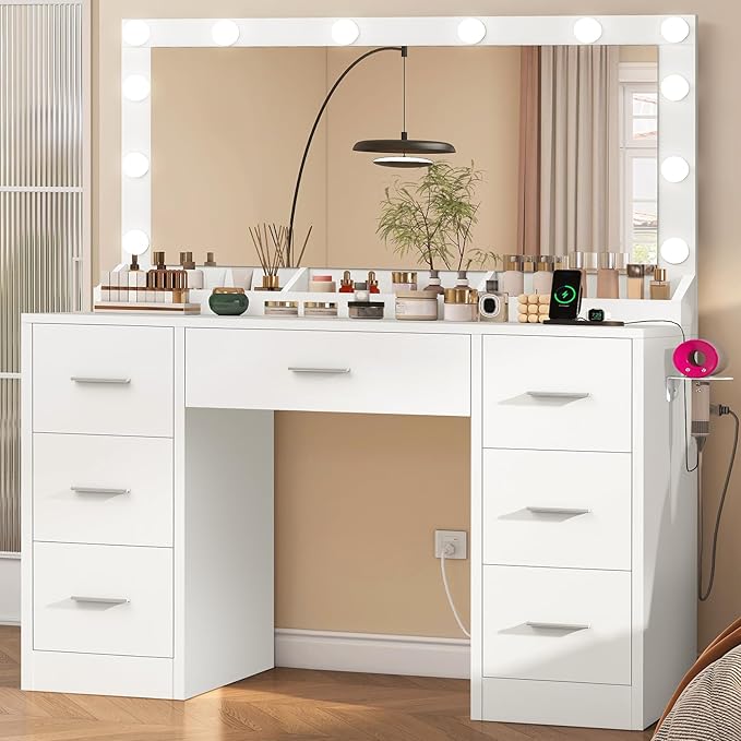 FIONESO Vanity with Large Mirror and 12 LED Lights, Vanity Desk with 7 Drawers & Hairdryer Holder, Makeup Vanity Desk with Charging Station for Women, Girls, 3 Lighting Color Adjustable, White