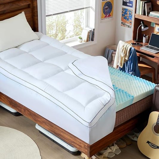 Twin XL Size Dual Layer 4 Inch Memory Foam Mattress Topper, 2 Inch Fluffy Soft Pillow Top Mattress Pad Cover and 2 Inch Gel Memory Foam for Back Pain Relief, Breathable, Cooling