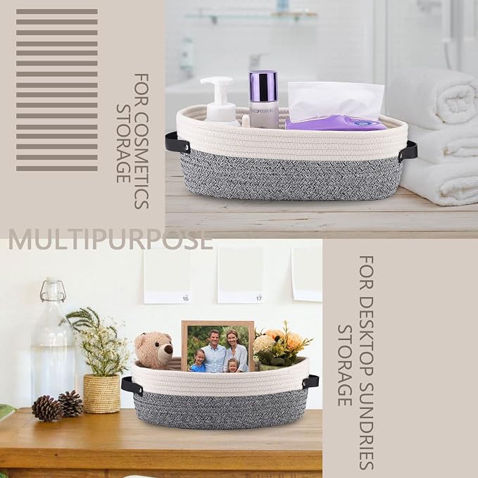Small Cotton Rope Woven Basket Toilet Paper Baskets for Organizing Decorative Basket for Boho Decor Small Storage Basket 13"x5.9"x4" Variegated Gray&White - Image 5
