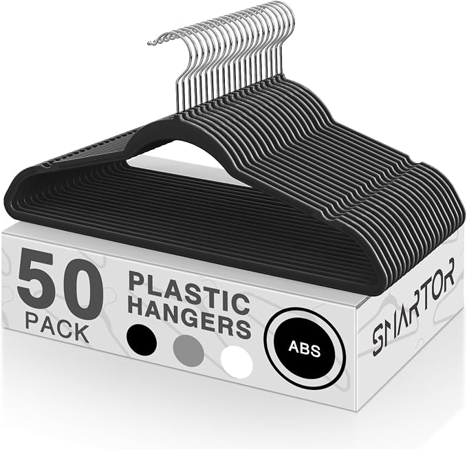 SMARTOR Plastic Hangers 50 Pack, Heavy Duty Plastic Hangers for Clothes - Non-Velvet Slim Hangers with 360° Swivel Hook & Clothes Thin Hanger - Durable Coat Hangars, Space Saving Hanger - Black by Smartor