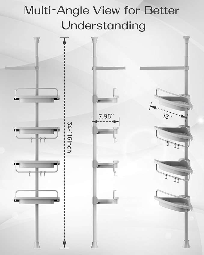 ALLZONE Corner Shower Caddy Tension Pole, Extendable Rustproof Stainless Steel Pole & 4-Tier Adjustable Shelves for Easy Drainage and Built-to-Last Stability, 34 to 116 Inches, Grey - Image 2
