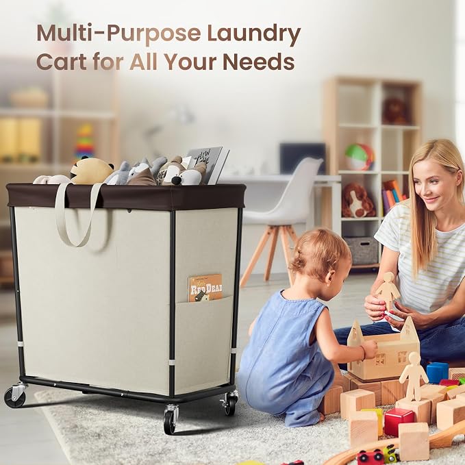 320L Laundry Basket with Wheels, 3-Section Rolling Hamper for Laundry, Extra Large Laundry Hamper with Wheels, Clothes Hamper Rolling Laundry Basket for Home, Bathrooms and Dorm(Beige) - Image 5