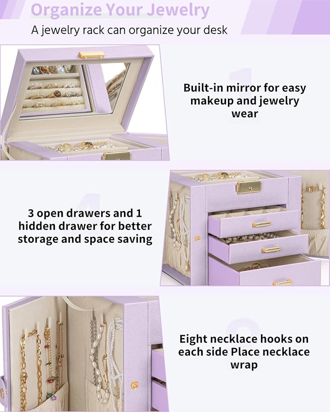 AKOZLIN 4-Tier Jewelry Box Leather Jewelry Storage Organizer with 3 Drawers Lockable for Women Girls Ring Necklace Earring Bracelet Holder with Mirror Purple - Image 5