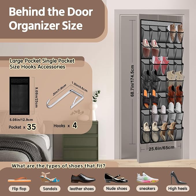 PAULONE 35 Pocket Over the Door Shoe Organizer,Reusable Breathable Large Mesh Bag Men's & Women's Sneaker Organizer,Shoe Organizer for Kids,Hanging Shoe Storage Hanging Bag (2PCS-Gray) - Image 2