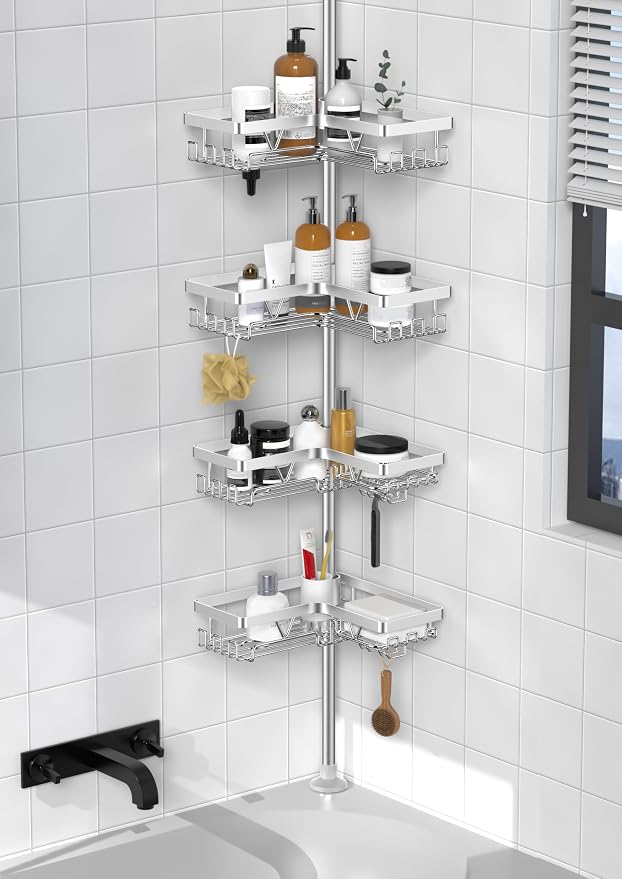 KEGII SUS304 Corner Shower Organizer, Stainless Steel Tension Pole Corner Bathroom Caddy, No Drilling Required Adjustable Shower Shelf for Inside Showers, Silver by KEGII