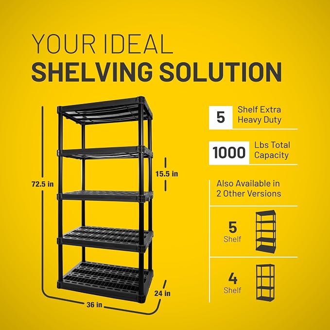 Plano 5-Shelf Extra Heavy Duty Plastic Storage Shelves, 72.5” x 36” x 24”, 1000lb Capacity, Pantry, Office, Closet and Garage Shelves, Easy to Assemble, Durable Plastic Shelving Unit - Image 2