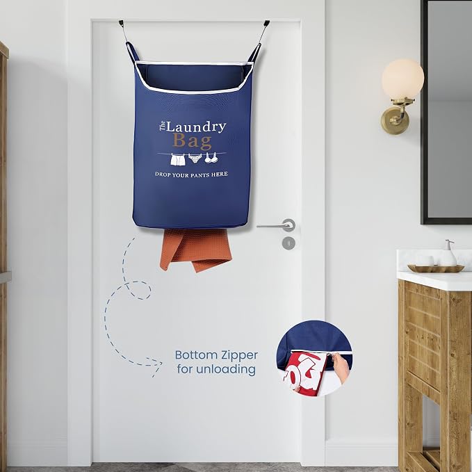 Fine Living Co. Large Hanging Laundry Hamper with Over Door Hooks & Adhesive, Durable Space Saving Laundry Bag with Zipper and Wide Open Top, Hanging Dorm Laundry Hamper (Navy Blue with Print-XL) - Image 5