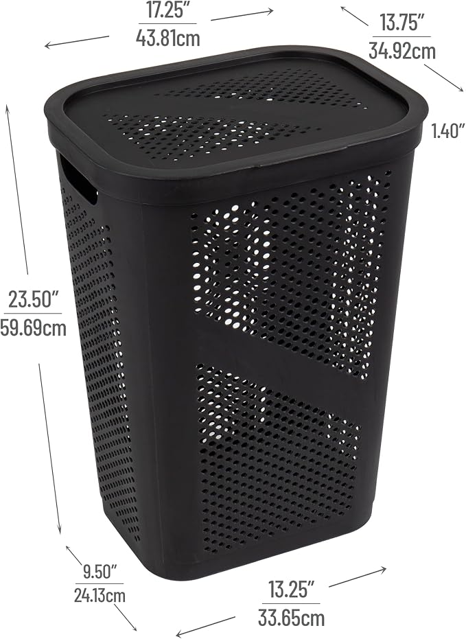 Mind Reader Slim Laundry Hamper with Lid, 60L Clothes Basket, Ventilated Plastic, Black - Image 3