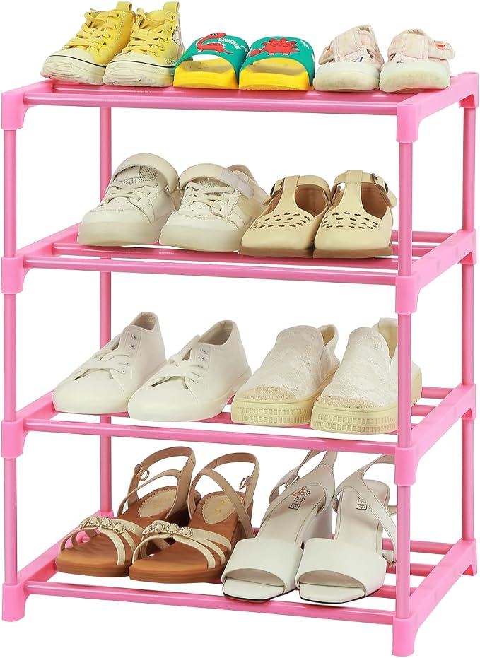 HITHIM 4-Tier Free Standing Shoe Racks for 6-8 Pairs Shoe Storage,Kids Shoe Racks for Small Place,Lightweight Stackable Shoe Shelf Organizer for Entryway, Doorway and Closet,Pink by HITHIM
