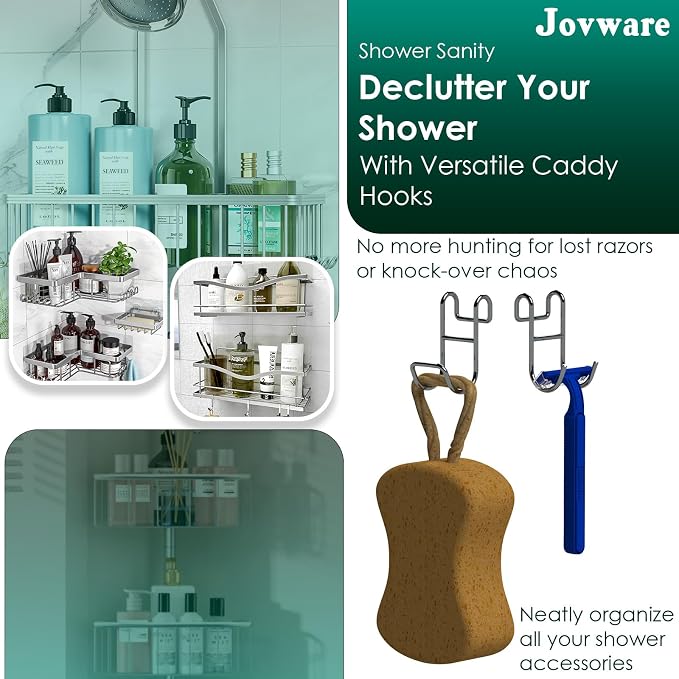 Shower Caddy Shelf Basket Rack Hooks Stainless Steel Metal Bathroom Hangers Hanging for Loofah Robe Massage Towel Squeegee Sponge Razor 2 Pack - Image 2