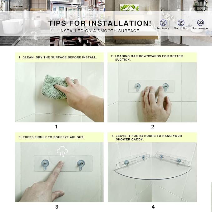 Bakzon Acrylic Corner Shelves, 2 Pack Adhesive Shower Caddy Organizer for Tile Walls, Wall Mounted Clear Bathroom Shelves for Inside Shower & Kitchen Storage - Image 8