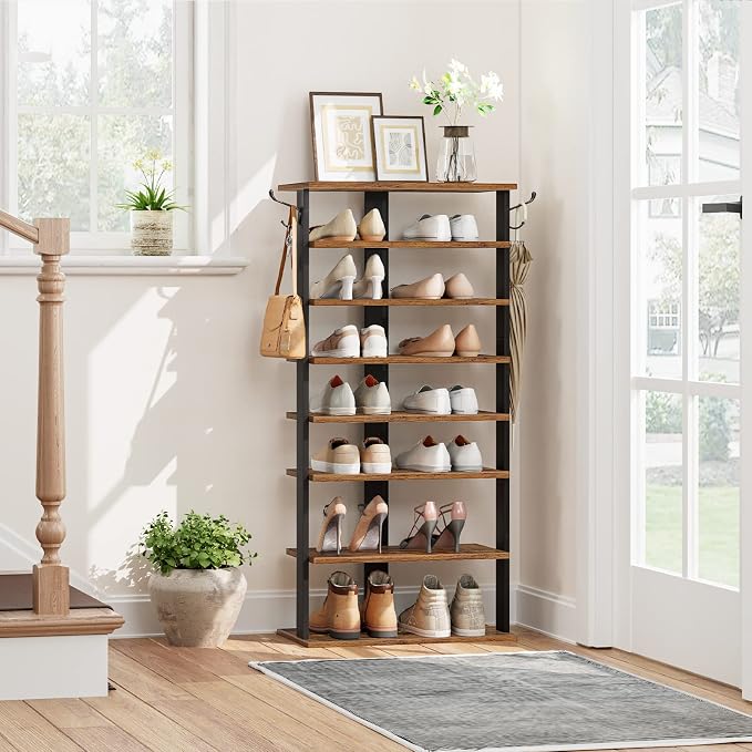 HOOBRO 8 Tiers Vertical Shoe Rack, Wooden Shoe Storage Organizer with Hooks, Narrow Shoe Tower for 16 Pairs, Space Saving, for Entryway, Living Room, Bedroom, Rustic Brown BF750XJ01 - Image 5