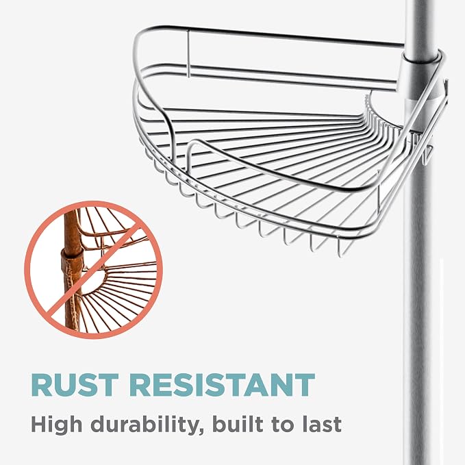 Zenna Home Tension Pole Shower Caddy Corner Organizer, Adjustable Standing Shower Caddy with 4 Baskets and Built in Towel Bar, Rust Resistant Bathroom Tension Rod Organizer, 60 to 97 Inch, Chrome - Image 5