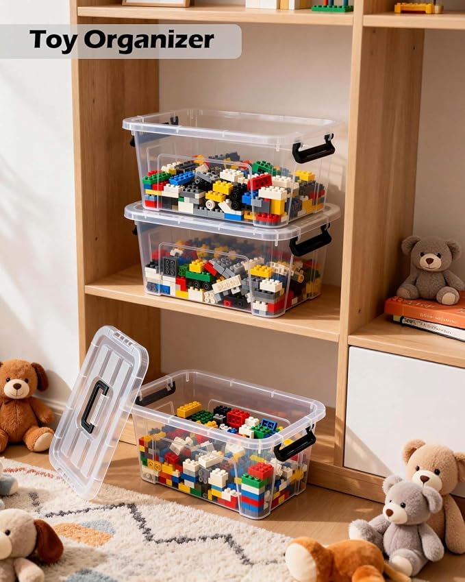 Plastic Storage Bins with Lids 6 Pack Storage Organizer, 7 Quart Stackable Storage Boxes with Buckle Lids and Handle easy for Home Office Pantry Organization, Clear