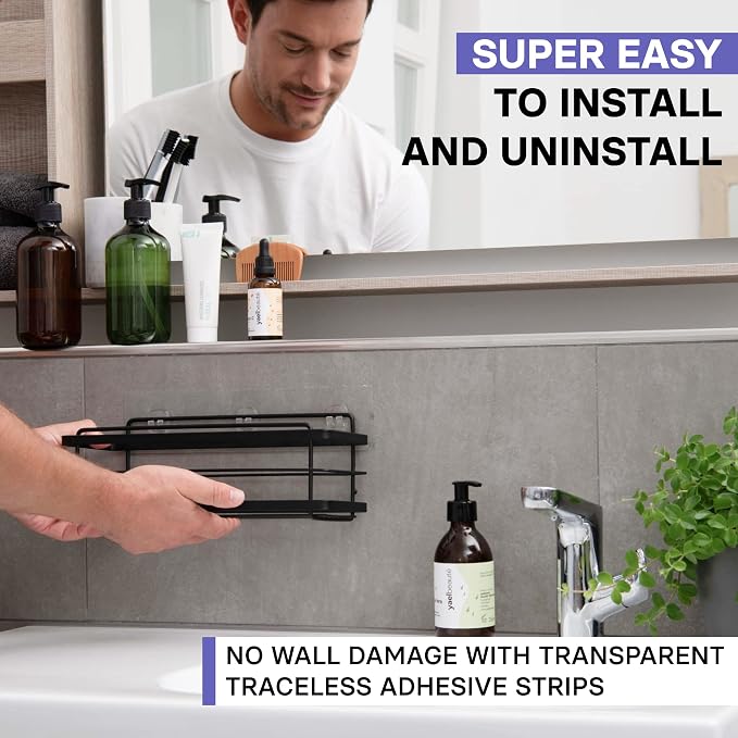 KINCMAX Premium Shower Caddy, 2-Pack Adhesive Shower Organizer, No Drill Bathroom Shelves, Rustproof Stainless Steel Shower Shelves for Inside, Shampoo Holder, Storage Rack, Matte Black - Image 3