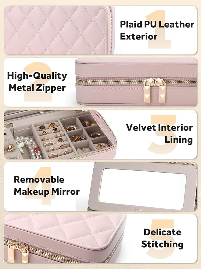 Travel Jewelry Case with Mirror, Quilted Small Jewelry Box Organizer for Women Girls, Portable Earring Necklace Bracelet Ring Holder Storage for Travel Weekend Trips (Blush Pink) - Image 5