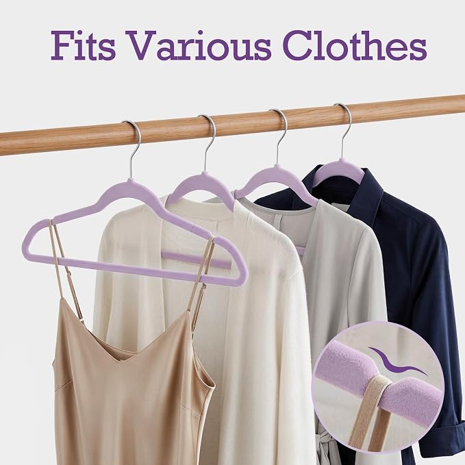 HOUSE DAY Lt-Purple Velvet Hangers 60 Pack, Non Slip Clothes Felt Hanger Heavy Duty for Coat, Premium Slim Space Saving Suit Hangers for Closet Organizer, 360° Rotating Silver Hook - Image 6