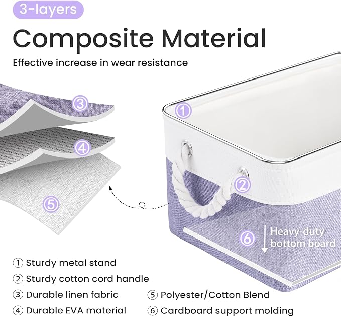 Storage Baskets for Shelves 13.8x9.8x6.7 Inch, Foldable Fabric Storage Bins with Handles, Small Storage Baskets for Organizing Closet, Office, Home Organization (3-Pack, White&Purple) - Image 2