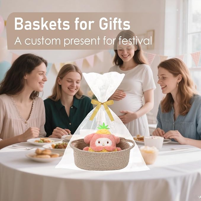 JMvicyroam Woven Basket,Small Rope Storage Bin with Handles & Ribbon Bag, Organizer for Shelves Closets,Gift Basket Empty for Birthday,Books,Dog Toys,Oatmeal/3 Pack - Image 4