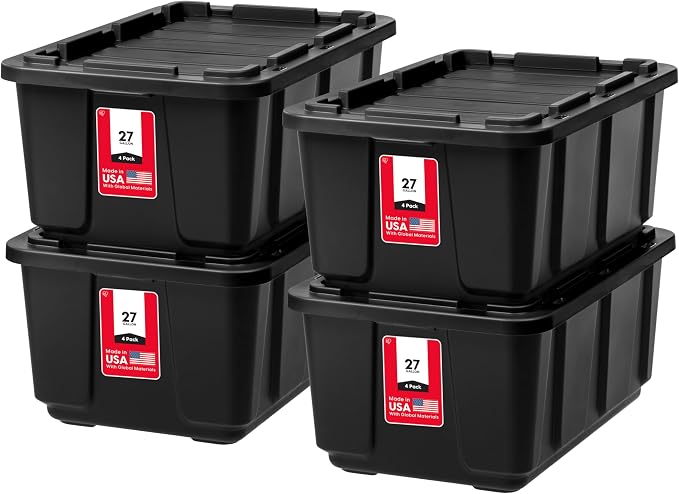 IRIS USA 4-Pack 27 Gallon Storage Bins with Lids |Made in USA| Heavy Duty Plastic Tote Containers for Truckbed Tool Box Organization, Large - Black by IRISUSA