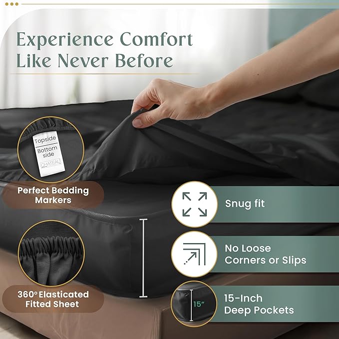 Egyptian Cotton Sheets Queen Size 800 Thread Count, 100% Cotton Queen Sheet Set — Deep Pocket Fitted 15", Sateen Weave, No Pill, Soft Cooling Charcoal 4 Piece Sateen Bed Set, OEKO-TEX Certified
